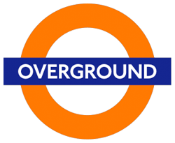 London Overground Logo - a white circle with a thick orange border and a blue line through it with the phrase "OVERGROUND" in capital letters.