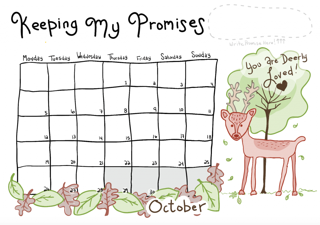 An illustrated deer stands beneath a tree. Leaves fall to the ground. To its left is a calendar grid with dates marked out for the month of October.