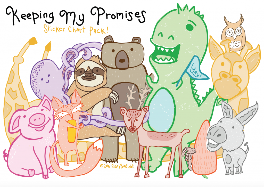 A collection of illustrated animals including a: pig, sloth, bear, octopus, t-rex, deer, donkey, rabbit, and giraffe. Title says: "Keeping My Promises Sticker Chart Pack"